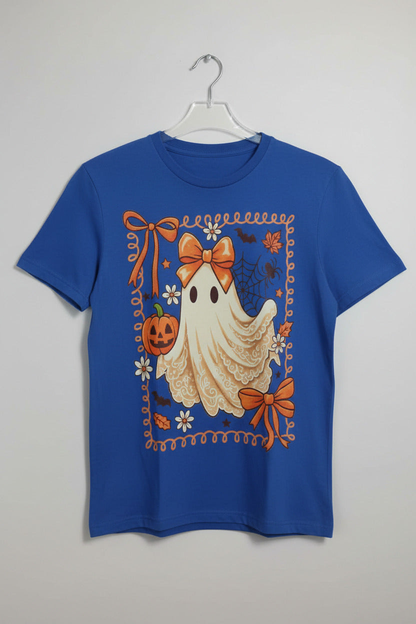 Graphic T Shirt Ghost with Bow Adult Small Size Blue