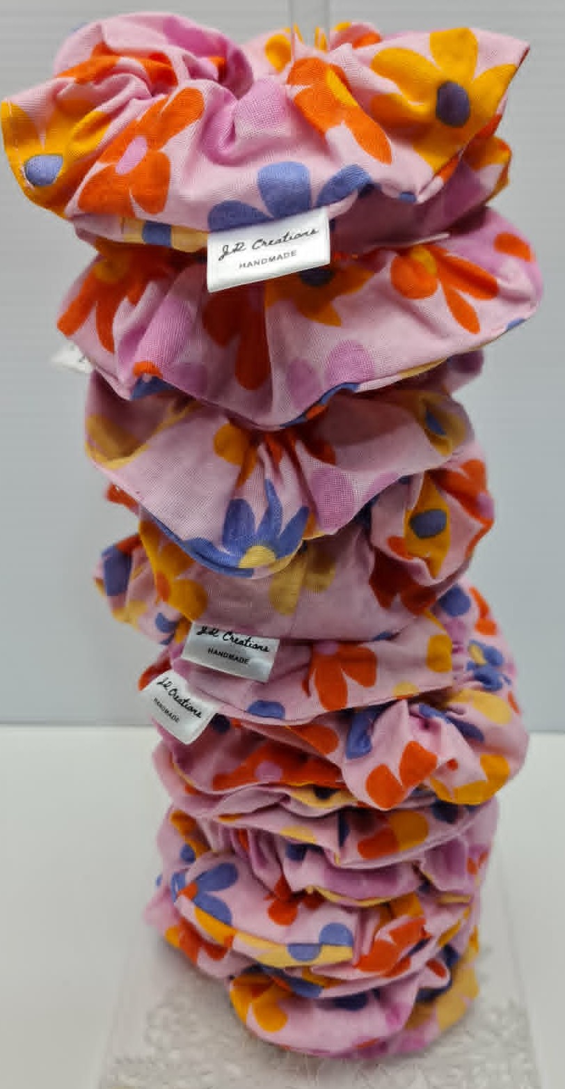 Multicolored Flower and Leaf Scrunchie Hair Tie Stretchy Fabric