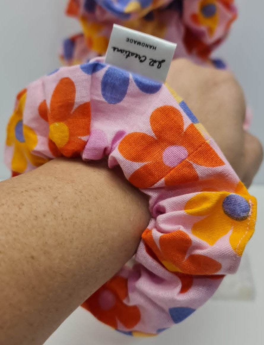 Multicolored Flower and Leaf Scrunchie Hair Tie Stretchy Fabric
