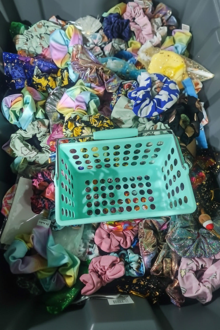 A large gray storage bin filled with a pile of colorful fabric hair scrunchies, with a mint green plastic basket placed on top.