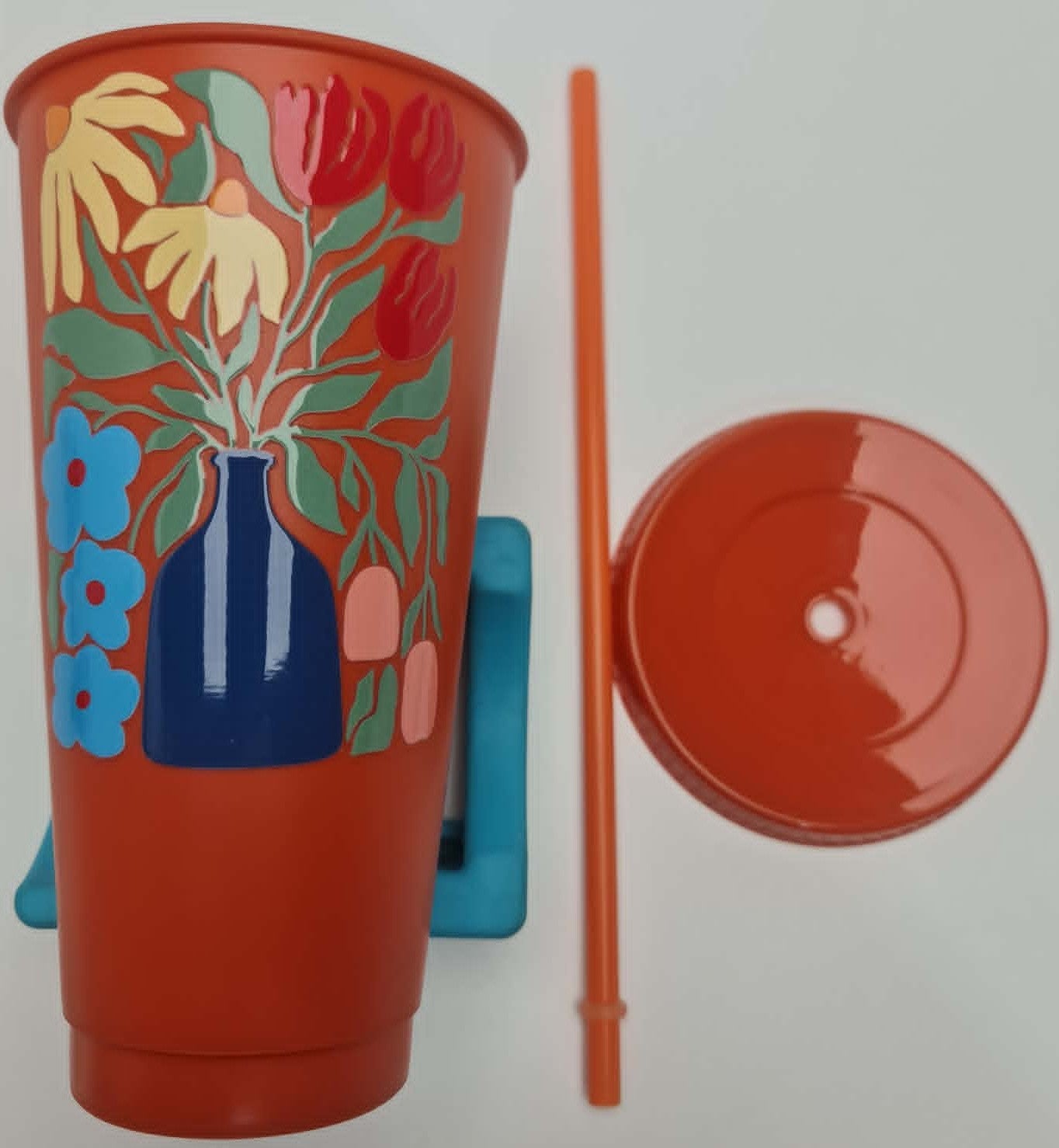 24oz Plastic Cup Orange with  Flower  Secure Lid & Secure Straw BPA Free