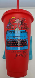 24oz Coral Red Plastic Cup "Doing a Great Job" Secure Lid & Straw BPA Free