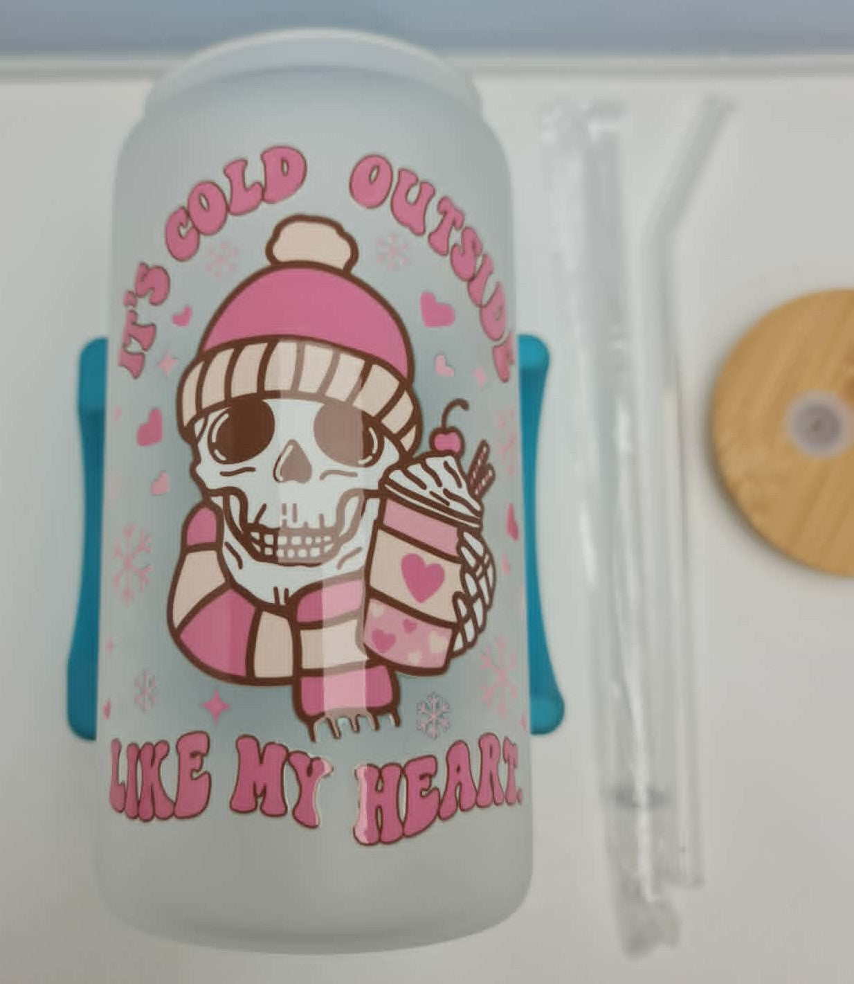 16oz Frosted Glass Tumbler "Cold Outside Like my Heart"; Bamboo Lid & 2 Straws