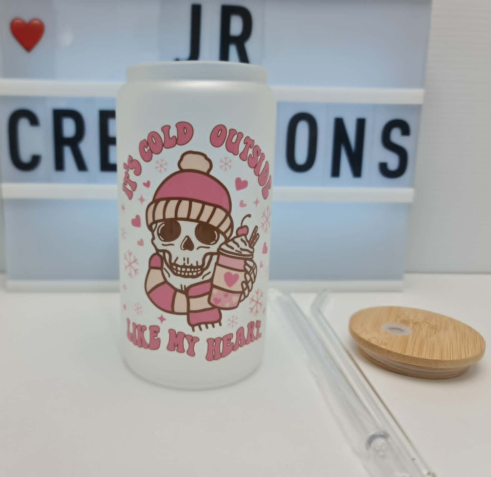 16oz Frosted Glass Tumbler "Cold Outside Like my Heart"; Bamboo Lid & 2 Straws