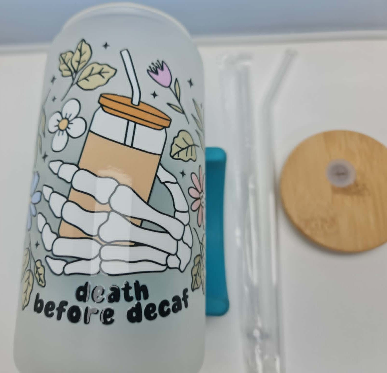 16oz Frosted Glass Tumbler "Death before Decaf"   BPA Free; Bamboo Lid & 2 Straw