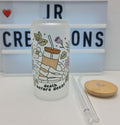 16oz Frosted Glass Tumbler "Death before Decaf"   BPA Free; Bamboo Lid & 2 Straw