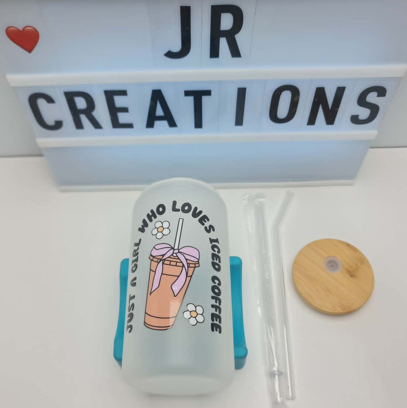 16oz Frosted Glass Tumbler "Love Iced Coffee"   BPA Free; Bamboo Lid & 2 Straws