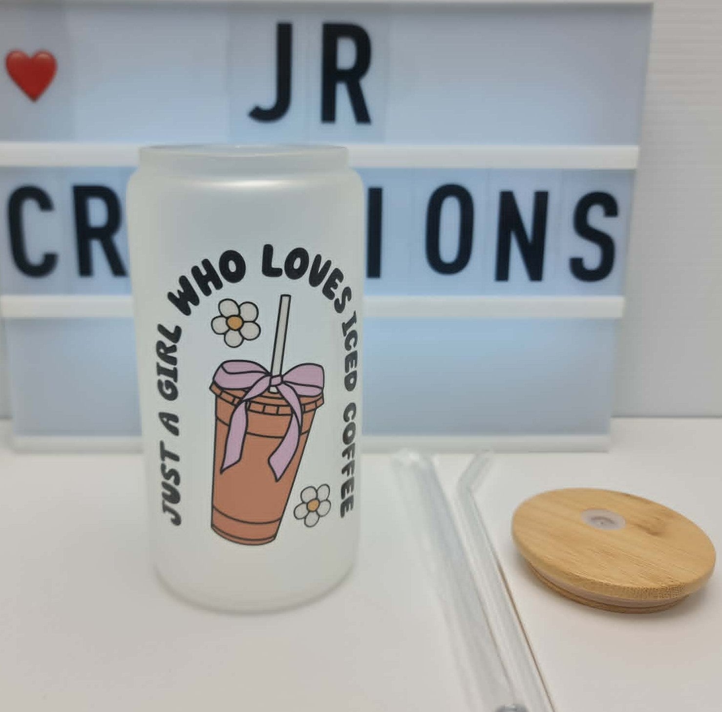 16oz Frosted Glass Tumbler "Love Iced Coffee"   BPA Free; Bamboo Lid & 2 Straws