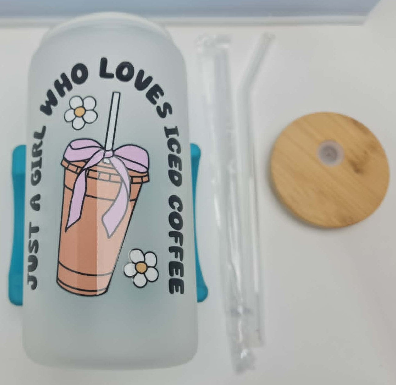 16oz Frosted Glass Tumbler "Love Iced Coffee"   BPA Free; Bamboo Lid & 2 Straws