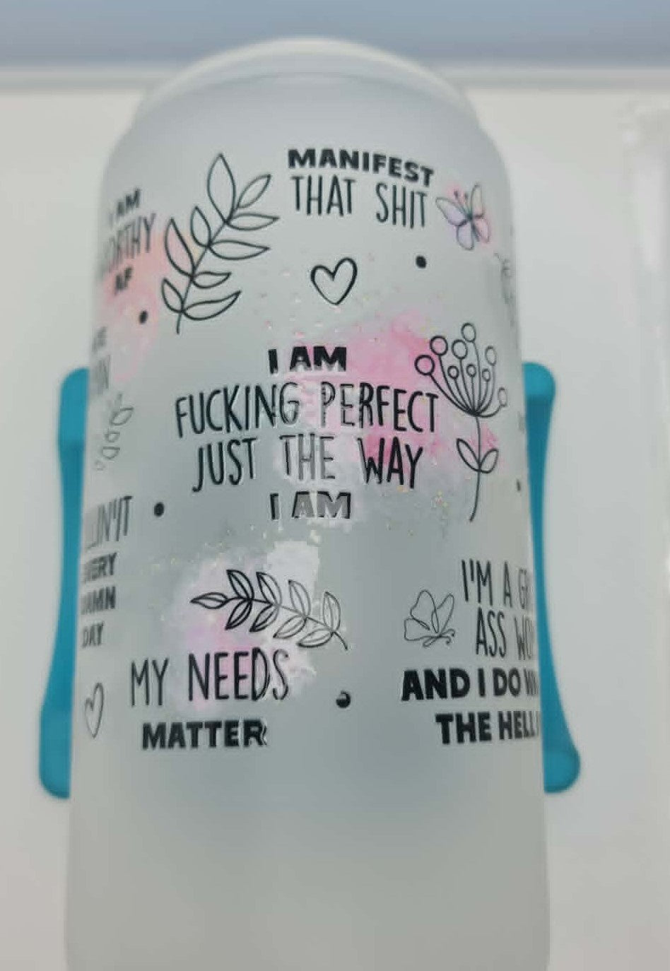 16oz Frosted Glass Tumbler "Motivational Quotes" Bamboo Lid & 2 Straws
