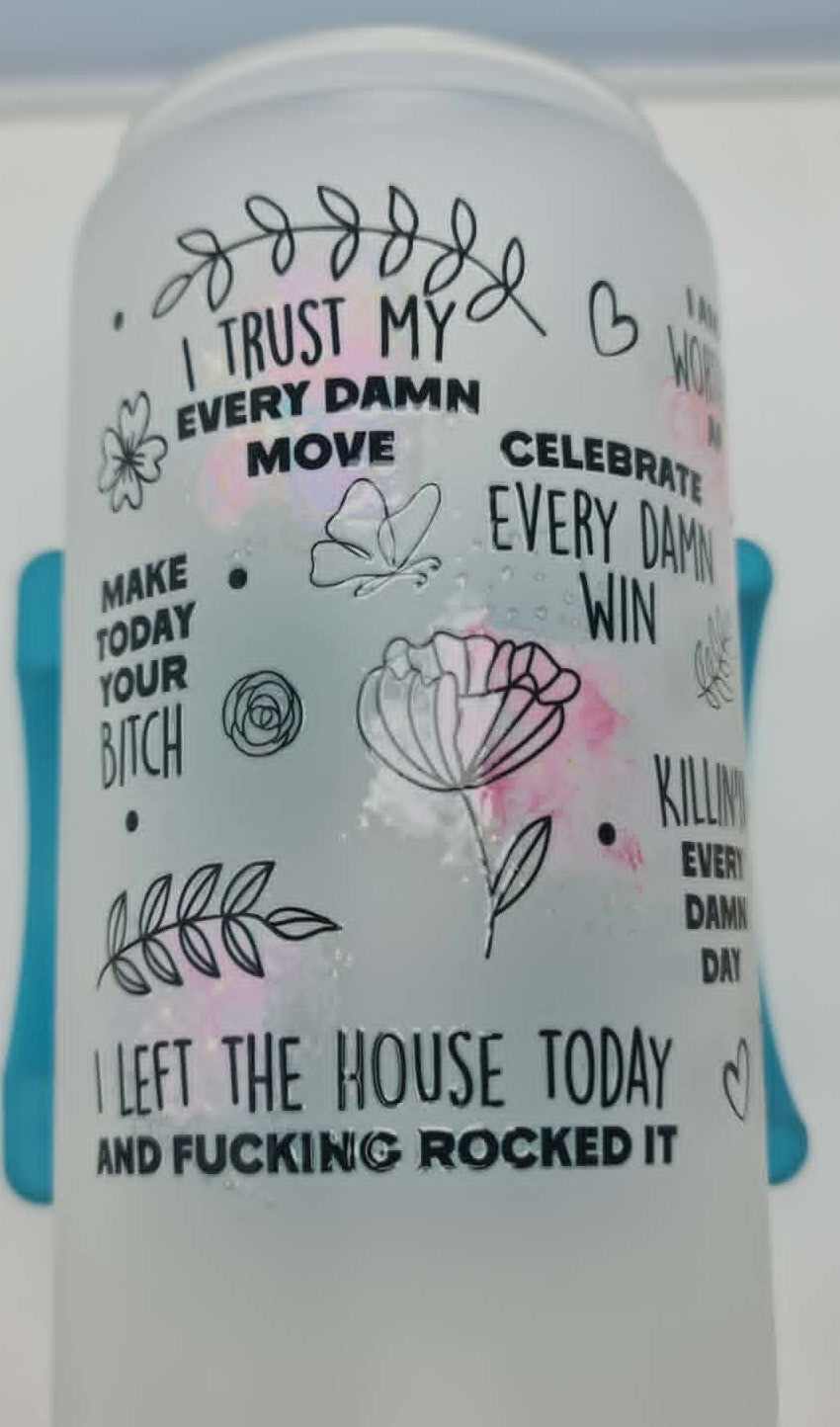 16oz Frosted Glass Tumbler "Motivational Quotes" Bamboo Lid & 2 Straws