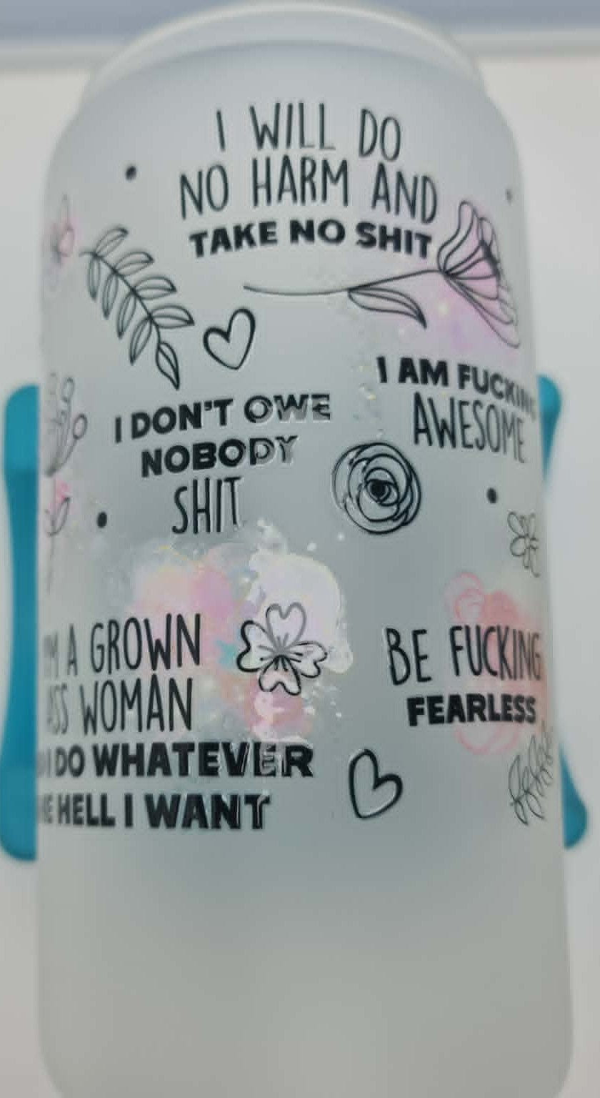 16oz Frosted Glass Tumbler "Motivational Quotes" Bamboo Lid & 2 Straws